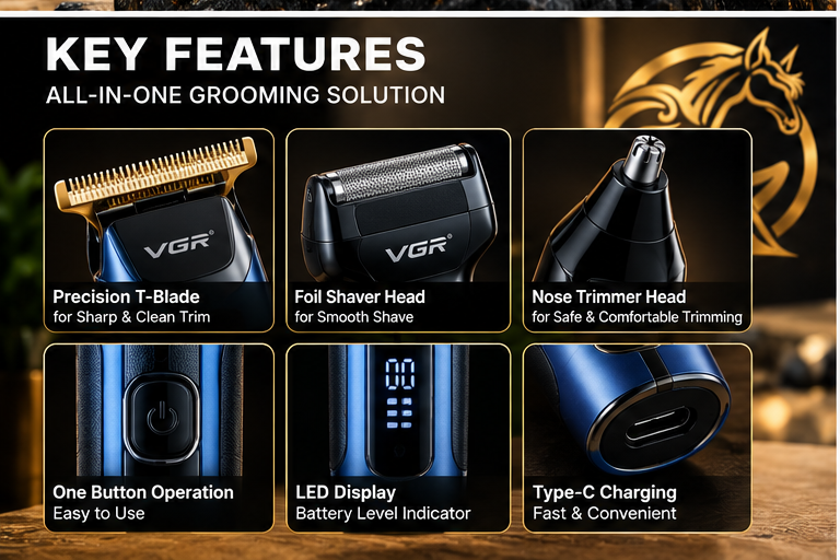 VGR VL-360 grooming kit key features with Raakaat branding